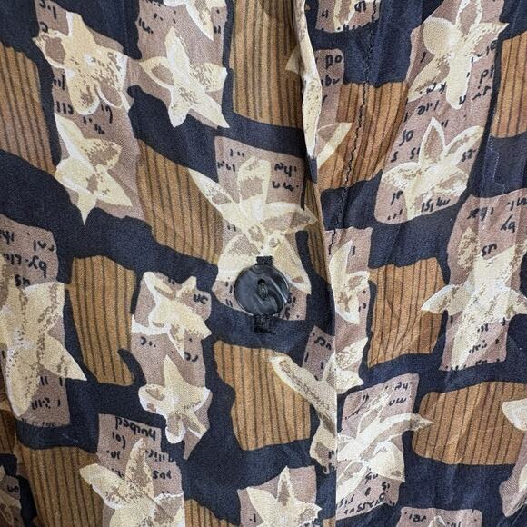 Vintage Cote de France Women's Brown Silk Abstract Print Button Up Shirt Size 2X - Picture 9 of 11